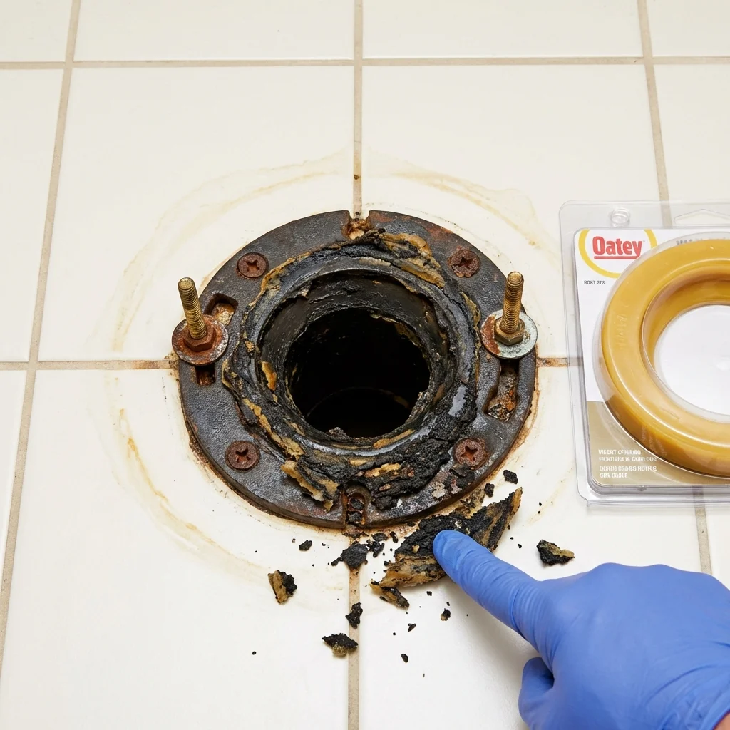 Failed wax ring showing water seepage at the base of a toilet in a Leesburg, OH home