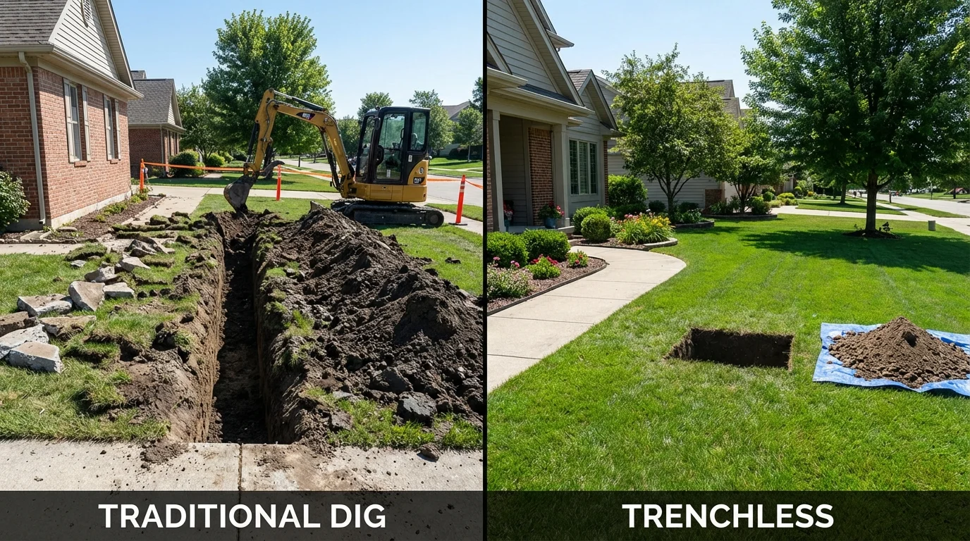 Trenchless sewer repair with minimal yard damage versus traditional excavation in Leesburg, OH
